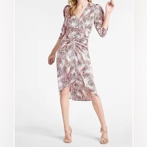 Express Abstract Print Puff Sleeve Ruched Hi-Lo Midi Dress